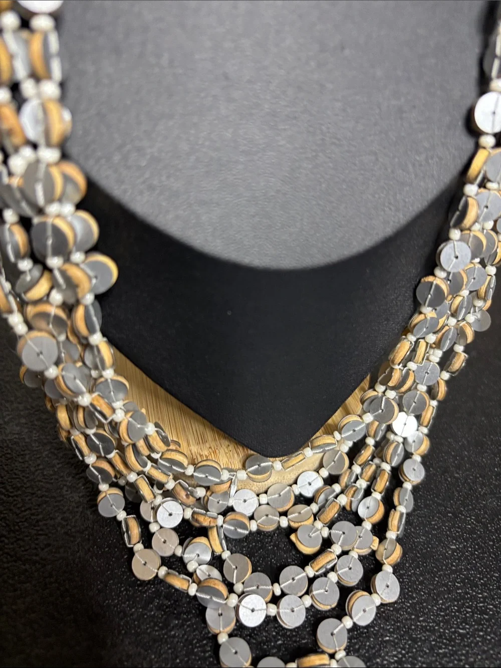Romantic Ribbon Two-Tone Gold Silver Layered Wood Disc Necklace Statement